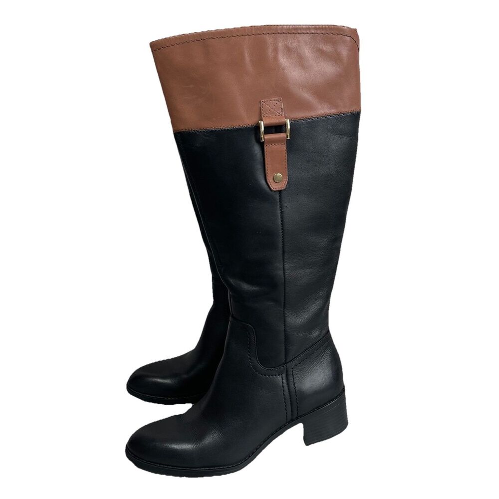 Franco Sarto Women's Black Brown Leather Tall Riding Boots 7.5 Wide Calf
